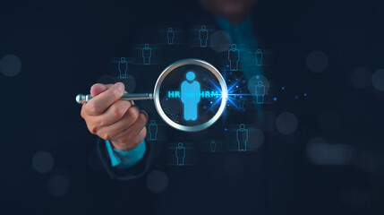 Human Resource HRM or Hr management Recruitment resources new career global job search to register resume internet magnifying selective hiring icon one of employee leading in recruiting opportunities