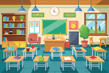 Fototapeta premium A typical classroom with desks, chairs, books, and a clock, Classroom Customizable Semi Flat Illustration