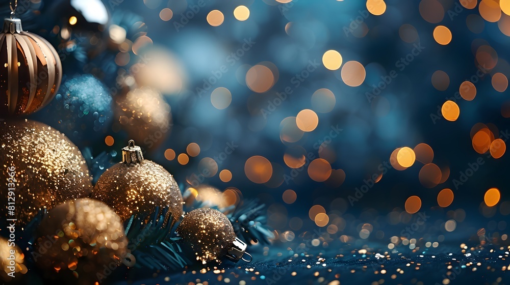 Poster sparkling golden christmas ornaments on bokeh festive background for joyful