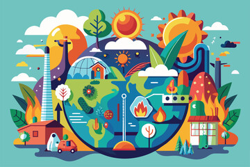 Globe displaying diverse elements like countries, oceans, cities, and climate change indicators, Climate change Customizable Disproportionate Illustration