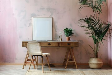Relaxing Home Office with Empty Poster and Wooden Desk,Feminine Workspace with Pastel Tones and Empty Poster