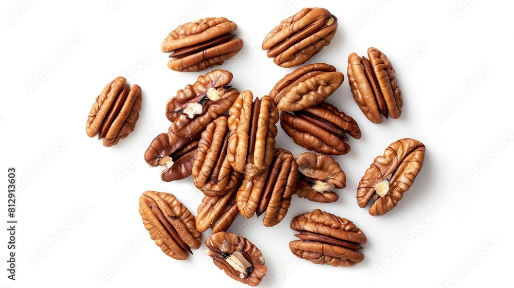 Poster Pecans isolated on white background Nuts scattered Top view Horizontal layout  Package design element with clipping path : Generative AI
