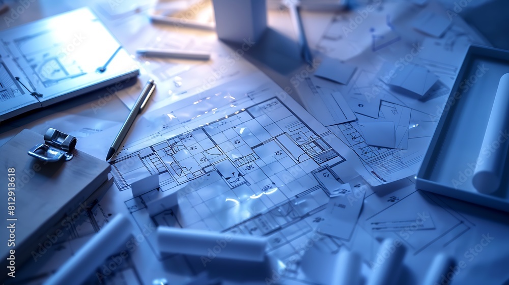 Poster interior architecture discussing with blueprint engineering concept : generative ai