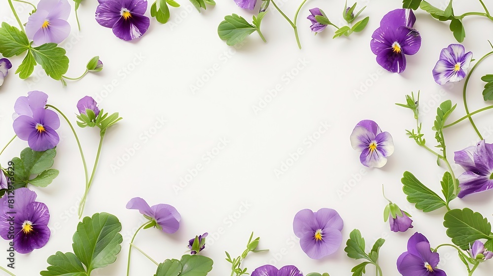 Poster viola pansy flower frame border violet spring flowers and leaves isolated on white background creati