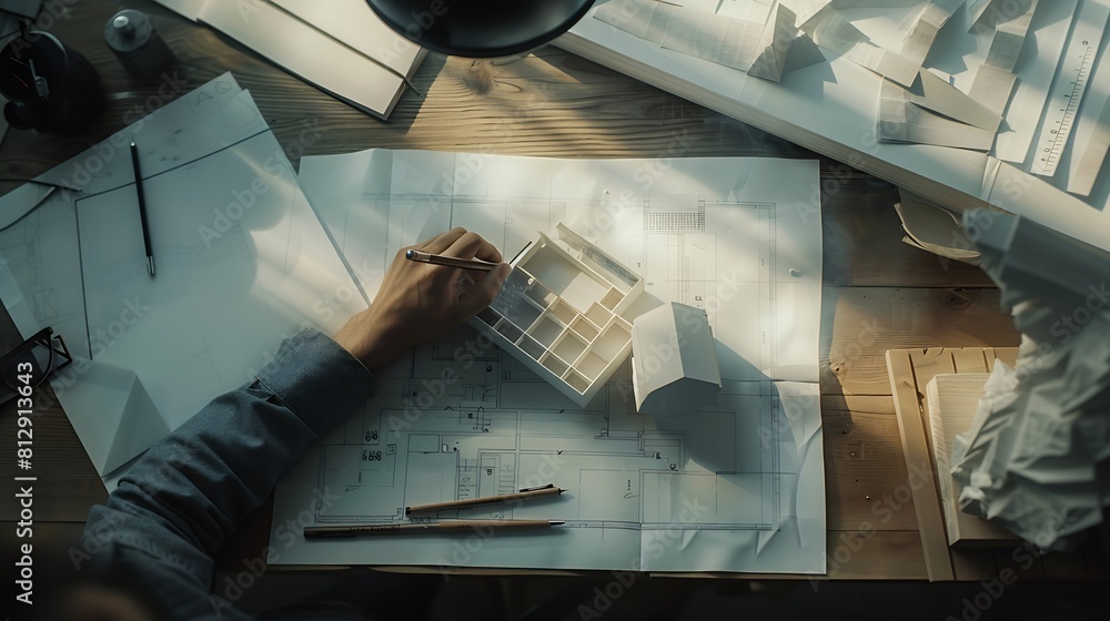 Leinwandbilder top view of architect drawing on architectural project : generative ai