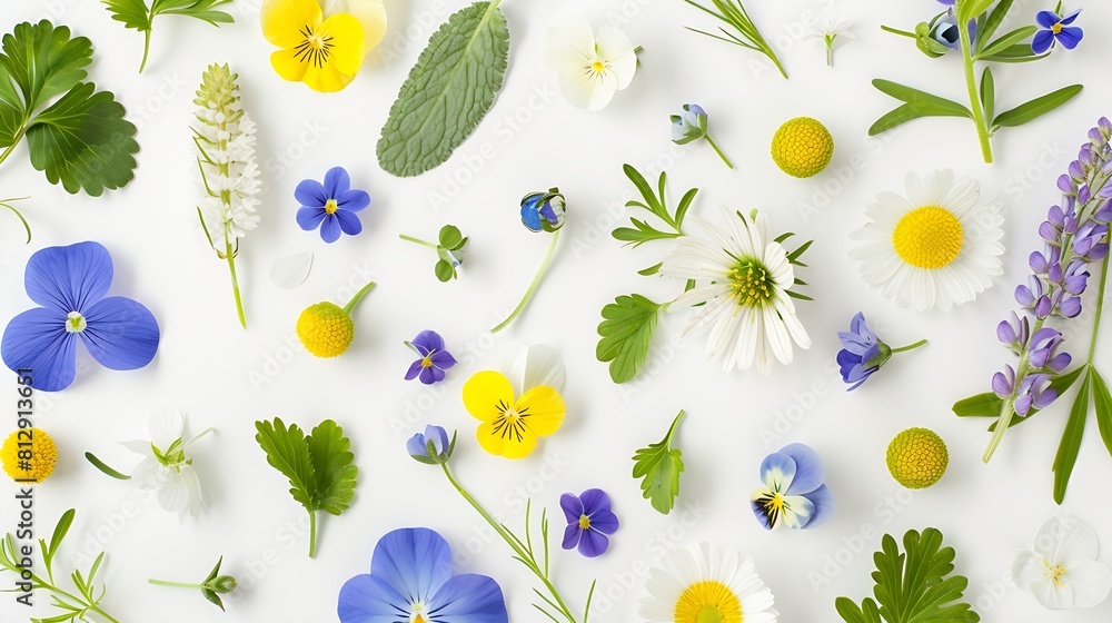 Aufkleber meadow flower creative pattern daisy cardamine dandelion scilla and viola flowers with leaves on whi