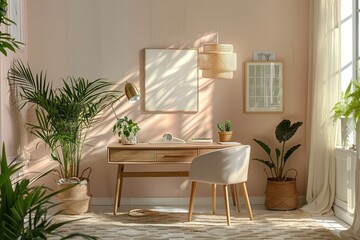 Relaxing Home Office with Empty Poster and Wooden Desk,Feminine Workspace with Pastel Tones and Empty Poster