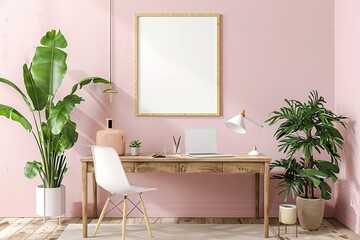 Relaxing Home Office with Empty Poster and Wooden Desk,Feminine Workspace with Pastel Tones and Empty Poster
