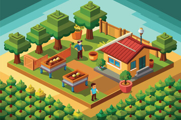 A man is standing in front of a small house, Coffee farm Customizable Isometric Illustration