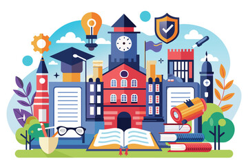 Naklejka premium An open book displayed in front of a school building, showcasing a blend of education and architecture, College admission Customizable Disproportionate Illustration