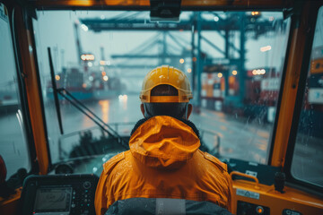 Close-up of a crane operator cabin showing the intense focus needed to maneuver containers at a busy port. AI generated.