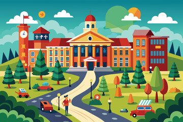 A college campus with a large building, surrounded by trees, and a road passing by, College campus Customizable Cartoon Illustration