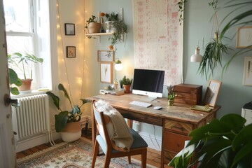 Relaxing Home Office with Empty Poster and Wooden Desk,Feminine Workspace with Pastel Tones and Empty Poster