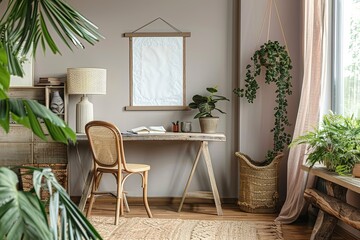 Relaxing Home Office with Empty Poster and Wooden Desk,Feminine Workspace with Pastel Tones and Empty Poster