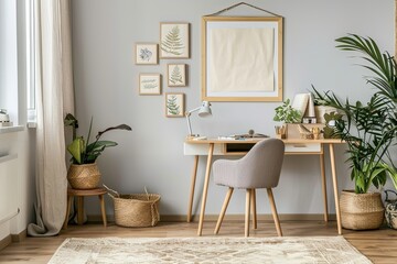 Relaxing Home Office with Empty Poster and Wooden Desk,Feminine Workspace with Pastel Tones and Empty Poster