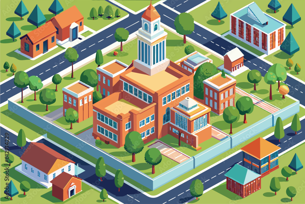 Poster a large building with a tower on top in a college campus setting, showcasing architectural design, c