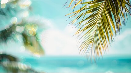 Abstract seascape with palm tree tropical beach background blur bokeh light of calm sea and sky summer vacation background concept : Generative AI