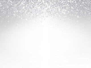 Silver and white glitter lights background. Sparkling glittering rain effect. Celebration backdrop for Christmas, wedding, birthday party. Luxury metallic frame, border. Vector.