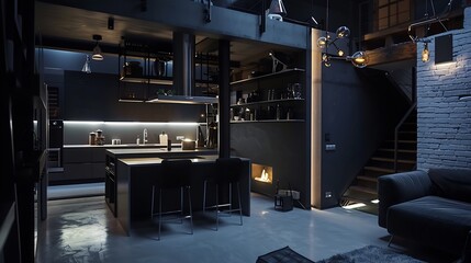 luxury studio apartment with a free layout in a loft style in dark colors Stylish modern kitchen area with an island cozy bedroom area with fireplace and personal gym : Generative AI