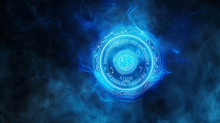 Mystical zodiac signs from the energy Neon blue color geometric circle on a dark background Dark scary rocks in the smoke  Panoramic view of the fog Layout for your logo : Generative AI