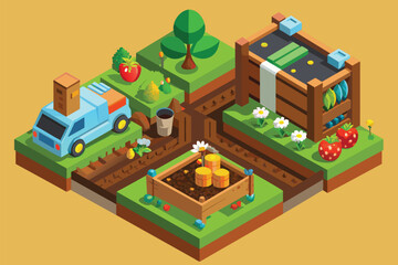 Low polygonal illustration showing a farm with buildings, fields, and livestock, Compost cycle Customizable Isometric Illustration