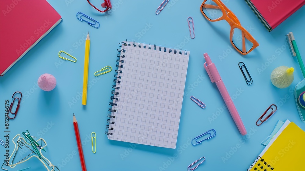Poster Back to school concept Flat lay style composition with stationery and notepad on blue background Top view overhead : Generative AI