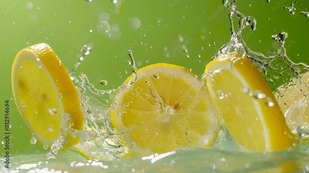 Aufkleber Creative layout made from Fresh Sliced lemon fruit and water Splashing on a green background : Generative AI
