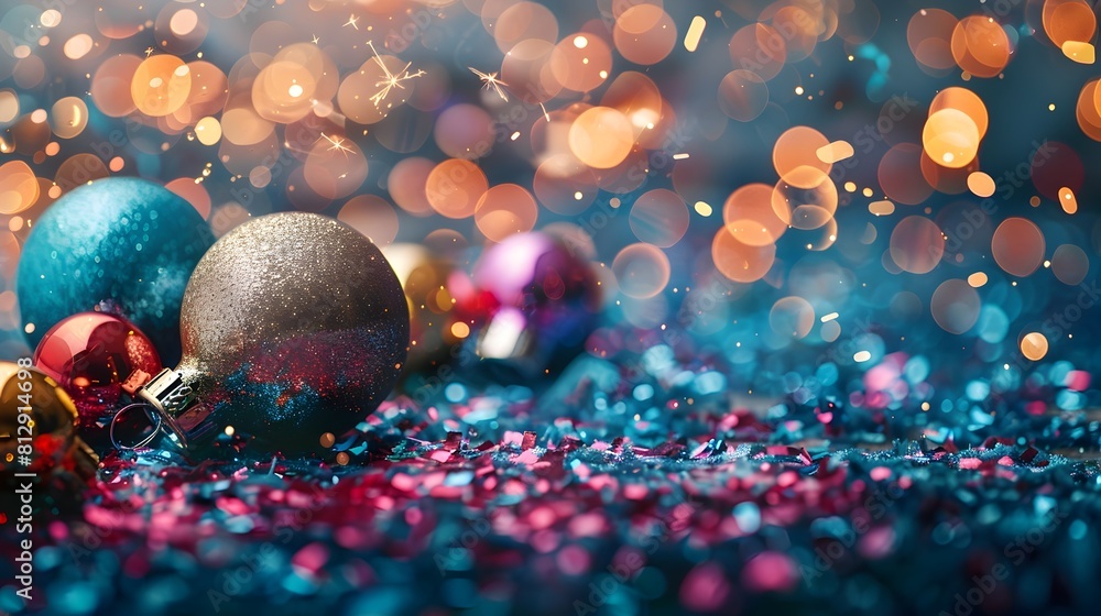 Poster radiant of the new year 2025 with shimmering ornaments and glittering bokeh lights
