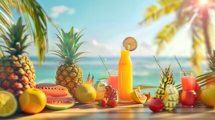 Panoramic tropical sea view with the sunny day On the table are drinks and tropical fruits A fun summer vacation getaway with outdoor activities swimming surfing volleyball and beach p : Generative AI - Powered by Adobe