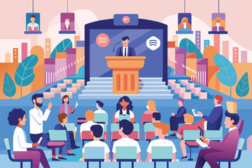 A group of individuals seated in front of a speakers podium in a conference setting, Conference Customizable Disproportionate Illustration