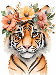 Obraz premium Baby Tiger Flower Crown Bowties Woodland Animal Nursery Decor, Generative AI Illustration 