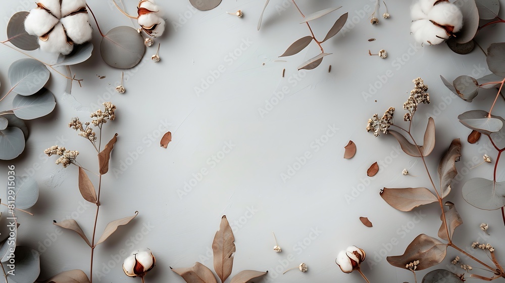 Poster autumn composition frame made of eucalyptus branches cotton flowers dried leaves on pastel gray back