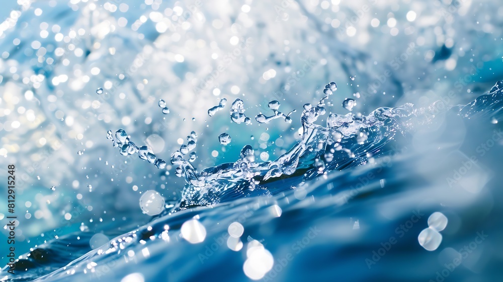 Poster defocused blurred transparent blue colored clear calm water surface texture with splashes and bubble