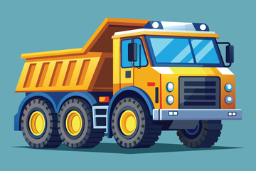 A yellow dump truck stands out against a blue background, Construction truck Customizable Disproportionate Illustration