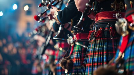 The photo shows a close-up of a bagpiper playing the bagpipes. The bagpiper is wearing a traditional Scottish kilt and sporran.