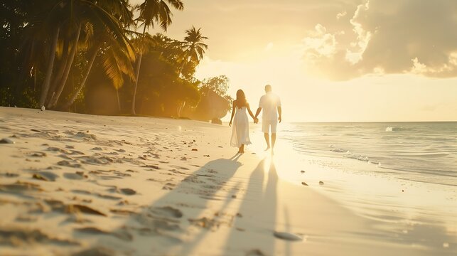 A elegant family in white summer clothing walks hand in hand down a tropical paradise beach during sunset tme and enjoys their vacation time : Generative AI
