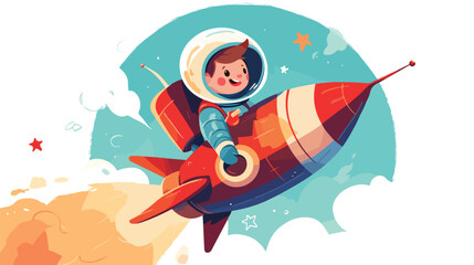 Happy little boy flying in rocket spaceship looking