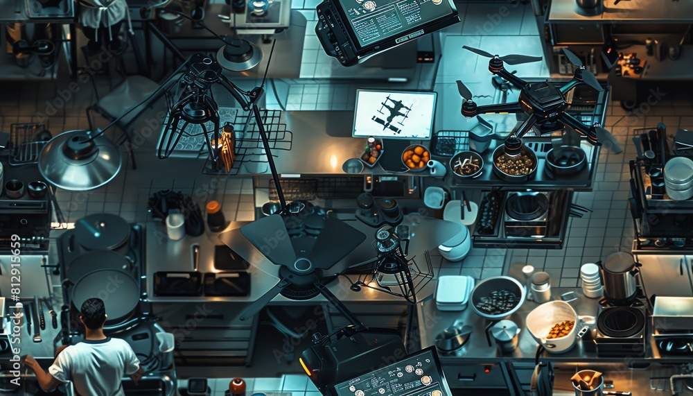 Poster visualize a photorealistic scene with a hovering drone capturing a top-down shot of a chef in a spac