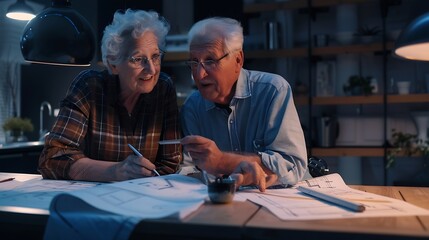 Senior married couple is actively discussing repairs in a new apartment or house while measuring the dimensions in the blueprints and sitting at the table and making notes : Generative AI