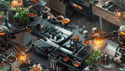 Fototapeta premium Visualize a photorealistic scene with a hovering drone capturing a top-down shot of a chef in a space-age kitchen