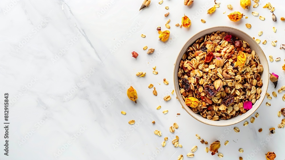 Poster creative layout made of granola with dry fruits and curcuma isolated on white backgroundflat lay foo
