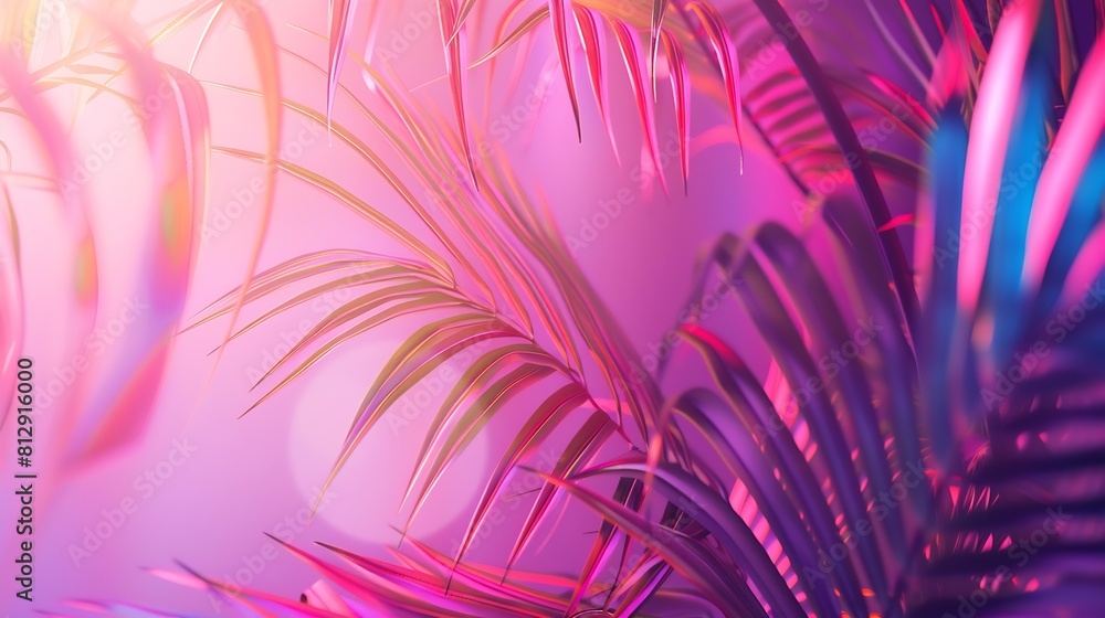 Poster tropical and palm leaves in vibrant bold gradient holographic neon colors concept art minimal surrea
