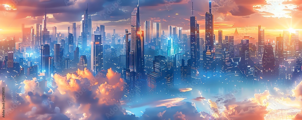 Poster capture a futuristic cityscape merging with ancient architecture in a bold, frontal view showcase th