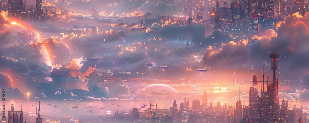 Poster capture a futuristic cityscape merging with ancient architecture in a bold, frontal view showcase th