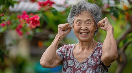 Smiling and muscular old Asian woman showing biceps against park background AI generated image
