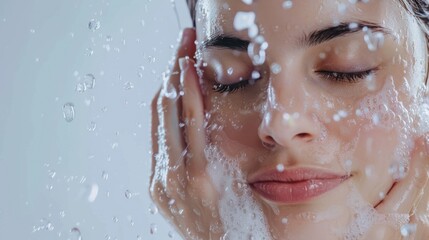 Closeup a beautiful woman washing her face in water soap on white background. Generated AI image
