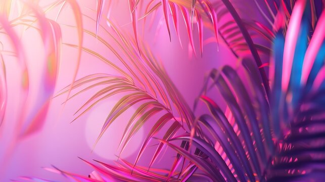 Tropical and palm leaves in vibrant bold gradient holographic neon  colors Concept art Minimal surrealism background : Generative AI