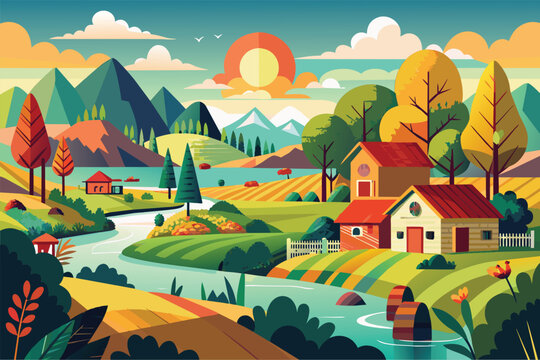 A painting featuring a rural landscape with a river flowing through it, Country side Customizable Disproportionate Illustration