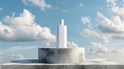 Front view of a white cosmetic bottle without label displayed on gray stone podium Sand texture and blue sky background Mockup scene for advertising cosmetic space for design : Generative AI
