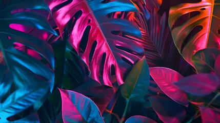 Creative fluorescent color layout made of tropical leaves Flat lay neon colors Nature concept : Generative AI